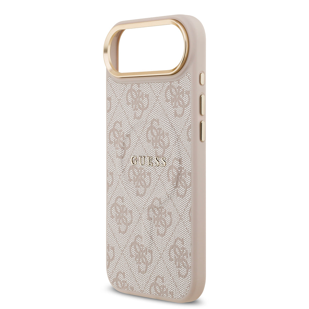 Apple iPhone 17 Air Kılıf Guess Orjinal Lisanslı M-safe Şarj Özellikli Gold Metal Kamera Çerçeveli PU Deri 4G Desenli Yazı Logolu Kapak Pembe