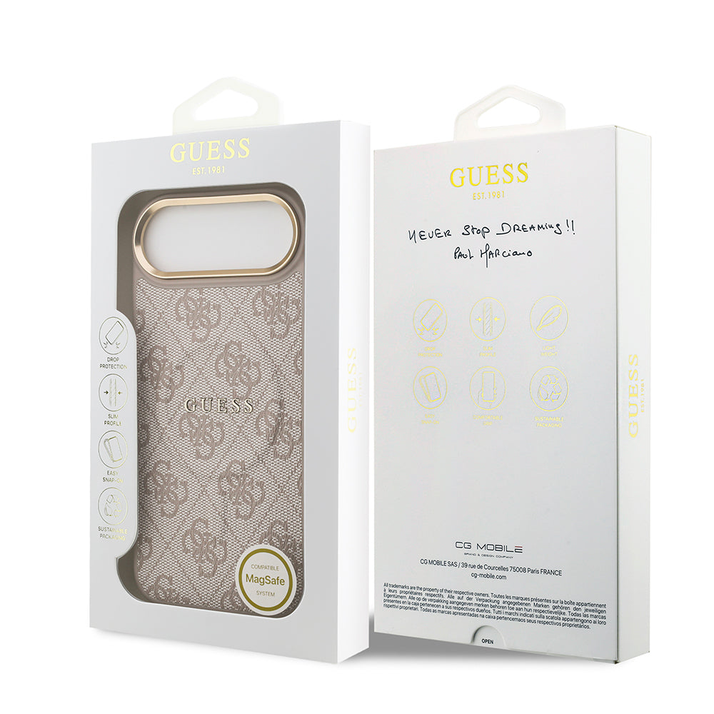 Apple iPhone 17 Air Kılıf Guess Orjinal Lisanslı M-safe Şarj Özellikli Gold Metal Kamera Çerçeveli PU Deri 4G Desenli Yazı Logolu Kapak Pembe
