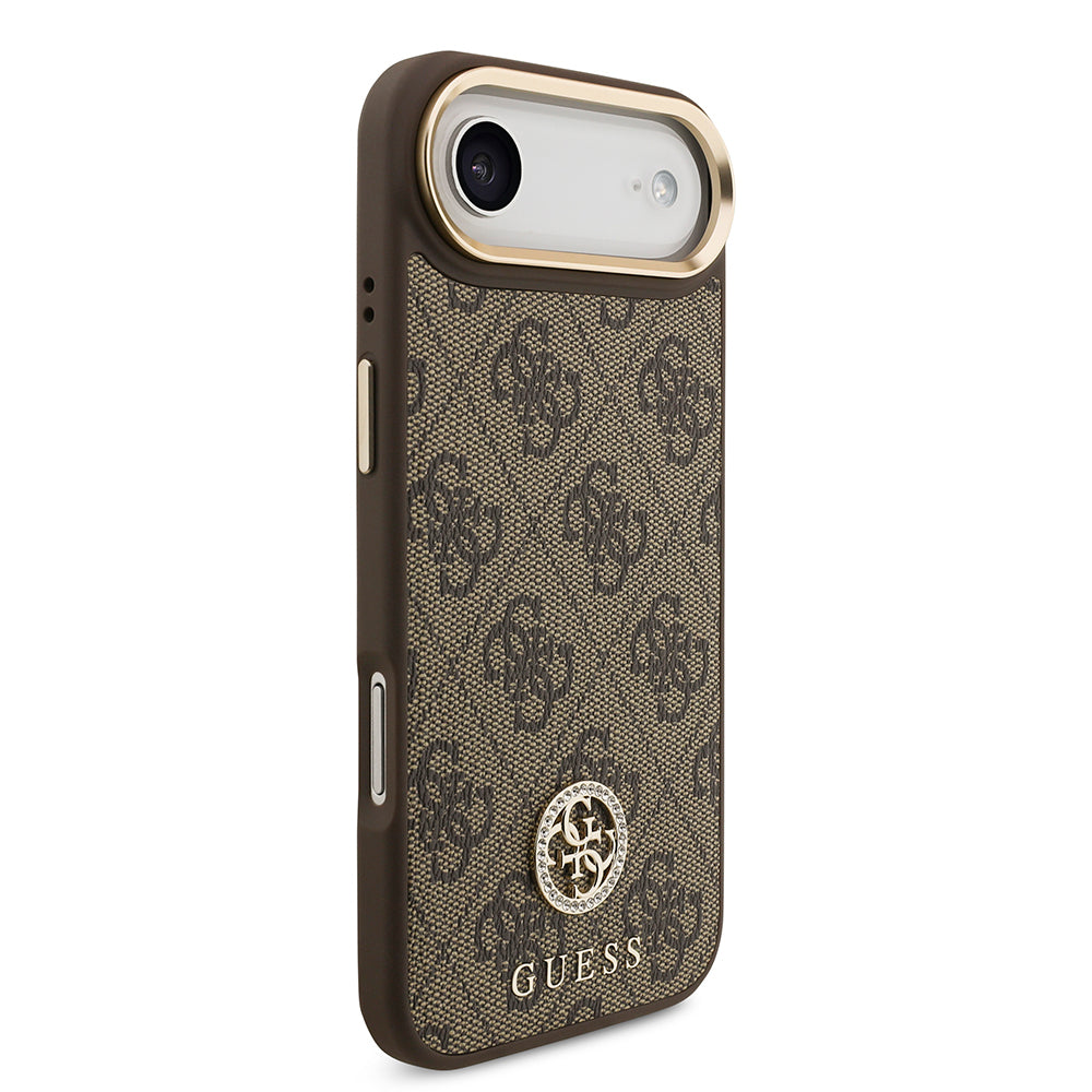 Apple iPhone 17 Air Kılıf Guess Orjinal Lisanslı M-safe Şarj Özellikli Gold Metal Kamera Çerçeveli Taşlı 4G Logolu Kapak Kahverengi