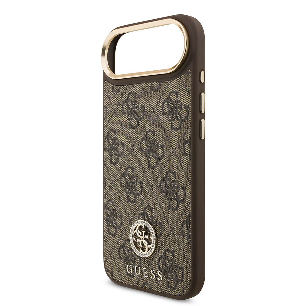 Apple iPhone 17 Air Kılıf Guess Orjinal Lisanslı M-safe Şarj Özellikli Gold Metal Kamera Çerçeveli Taşlı 4G Logolu Kapak Kahverengi
