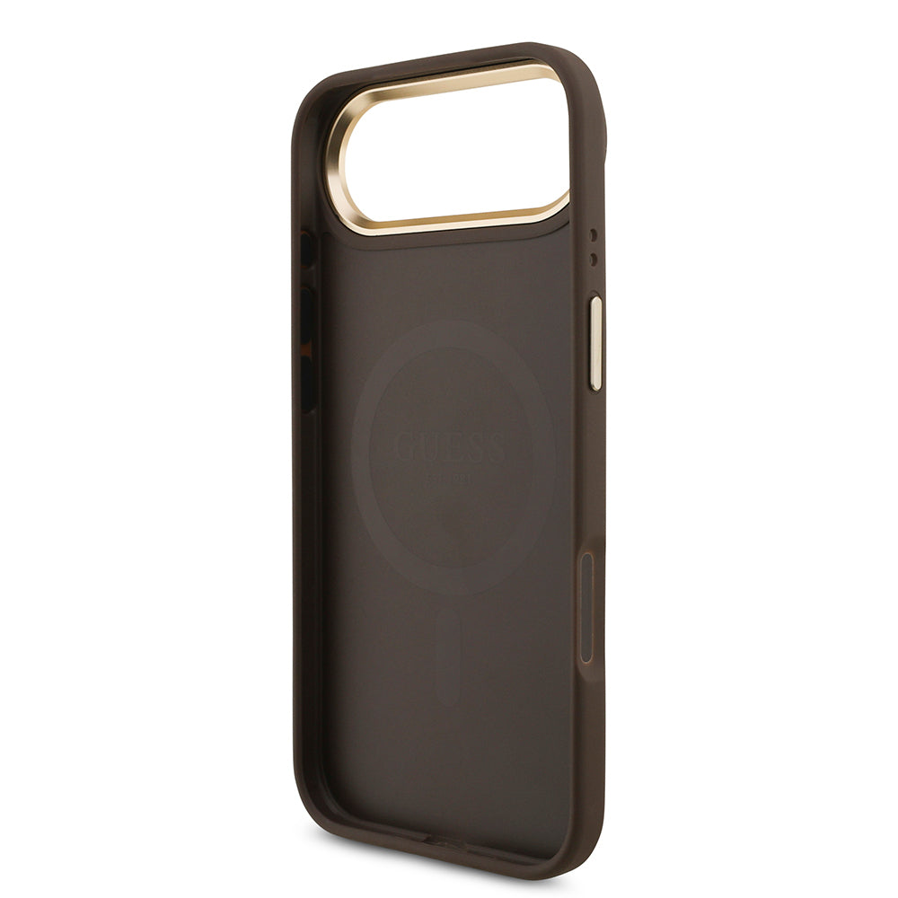 Apple iPhone 17 Air Kılıf Guess Orjinal Lisanslı M-safe Şarj Özellikli Gold Metal Kamera Çerçeveli Taşlı 4G Logolu Kapak Kahverengi