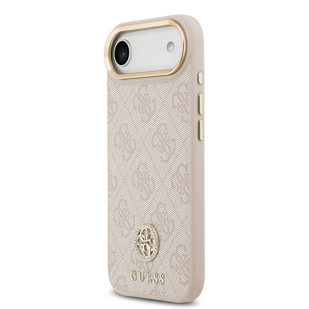 Apple iPhone 17 Air Kılıf Guess Orjinal Lisanslı M-safe Şarj Özellikli Gold Metal Kamera Çerçeveli Taşlı 4G Logolu Kapak Pembe