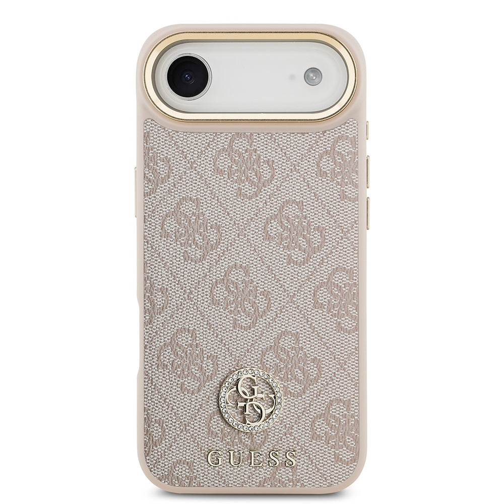 Apple iPhone 17 Air Kılıf Guess Orjinal Lisanslı M-safe Şarj Özellikli Gold Metal Kamera Çerçeveli Taşlı 4G Logolu Kapak Pembe