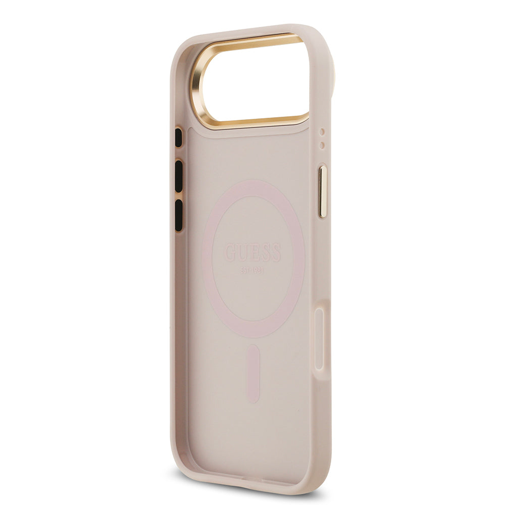Apple iPhone 17 Air Kılıf Guess Orjinal Lisanslı M-safe Şarj Özellikli Gold Metal Kamera Çerçeveli Taşlı 4G Logolu Kapak Pembe