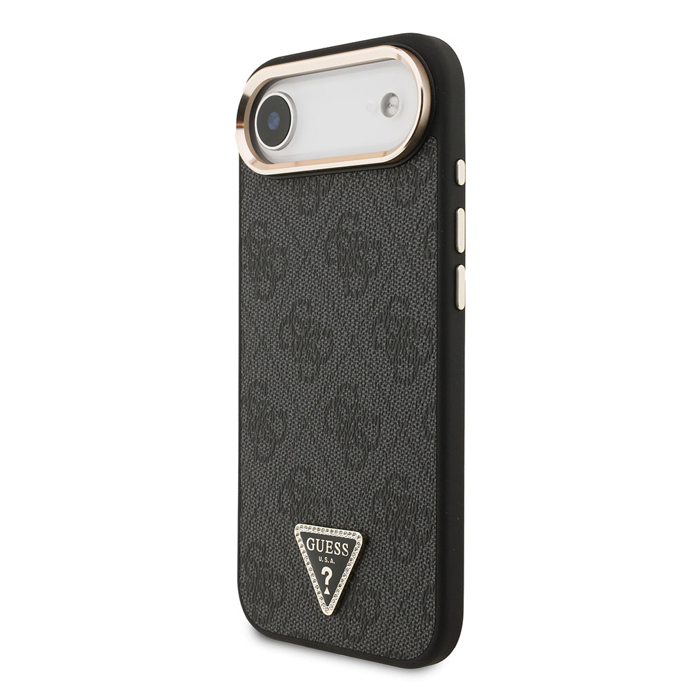 Apple iPhone 17 Air Kılıf Guess Orjinal Lisanslı M-safe Şarj Özellikli Gold Metal Kamera Çerçeveli Taşlı Üçgen Logo 4G Desenli Kapak Siyah
