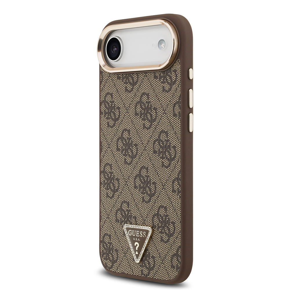 Apple iPhone 17 Air Kılıf Guess Orjinal Lisanslı M-safe Şarj Özellikli Gold Metal Kamera Çerçeveli Taşlı Üçgen Logo 4G Desenli Kapak Kahverengi