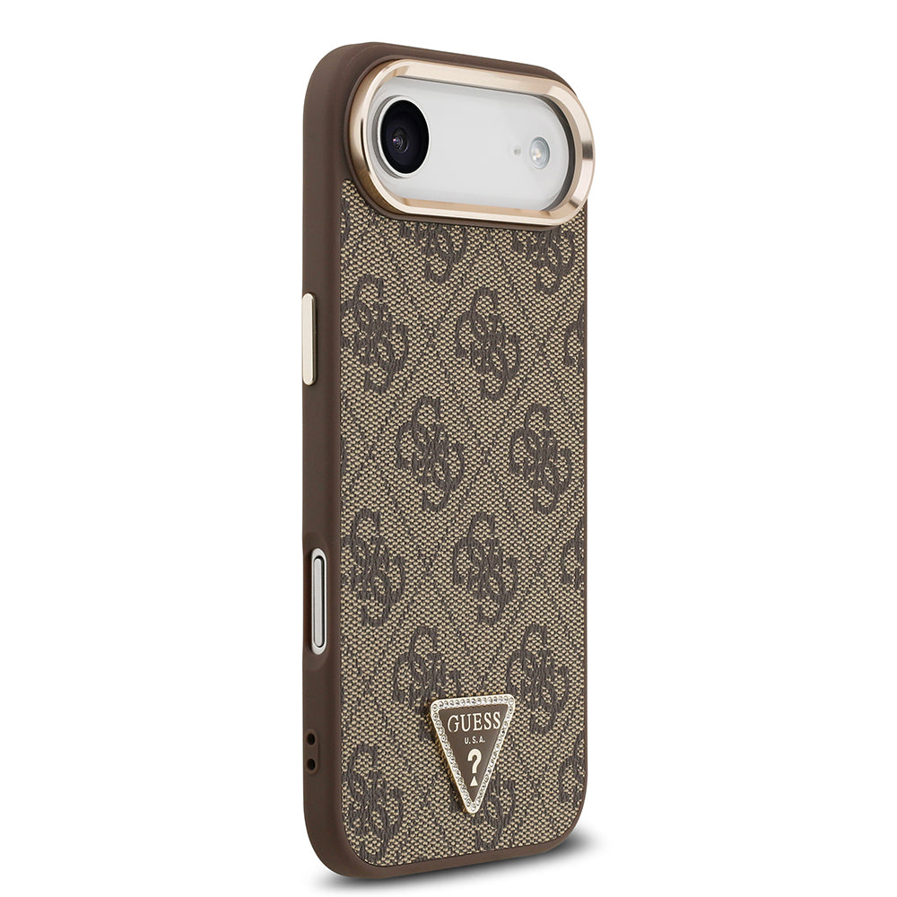 Apple iPhone 17 Air Kılıf Guess Orjinal Lisanslı M-safe Şarj Özellikli Gold Metal Kamera Çerçeveli Taşlı Üçgen Logo 4G Desenli Kapak Kahverengi