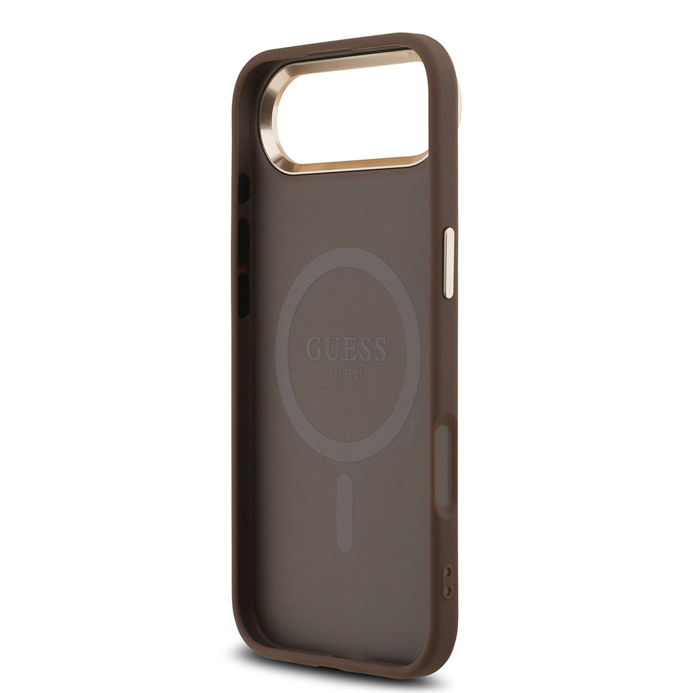 Apple iPhone 17 Air Kılıf Guess Orjinal Lisanslı M-safe Şarj Özellikli Gold Metal Kamera Çerçeveli Taşlı Üçgen Logo 4G Desenli Kapak Kahverengi