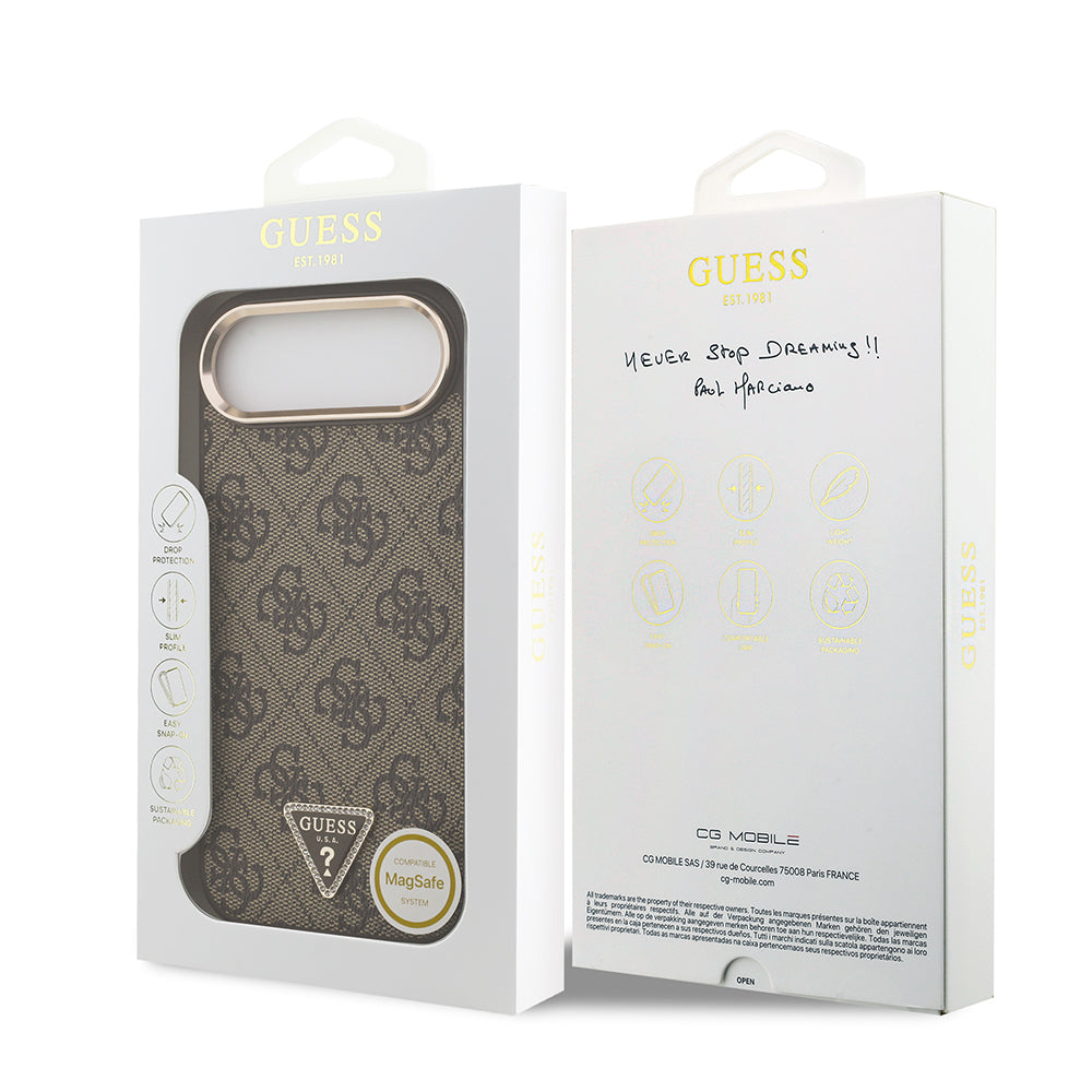 Apple iPhone 17 Air Kılıf Guess Orjinal Lisanslı M-safe Şarj Özellikli Gold Metal Kamera Çerçeveli Taşlı Üçgen Logo 4G Desenli Kapak Kahverengi