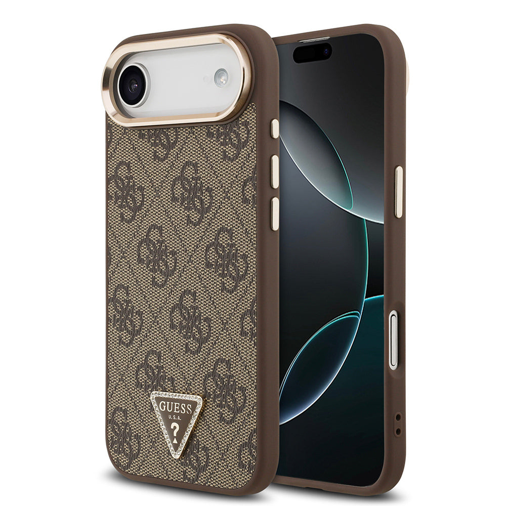 Apple iPhone 17 Air Kılıf Guess Orjinal Lisanslı M-safe Şarj Özellikli Gold Metal Kamera Çerçeveli Taşlı Üçgen Logo 4G Desenli Kapak Kahverengi