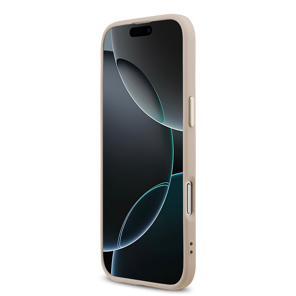 Apple iPhone 17 Air Kılıf Guess Orjinal Lisanslı M-safe Şarj Özellikli Gold Metal Kamera Çerçeveli Taşlı Üçgen Logo 4G Desenli Kapak Pembe