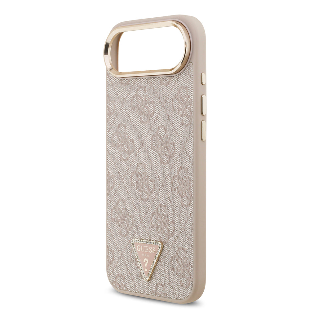 Apple iPhone 17 Air Kılıf Guess Orjinal Lisanslı M-safe Şarj Özellikli Gold Metal Kamera Çerçeveli Taşlı Üçgen Logo 4G Desenli Kapak Pembe