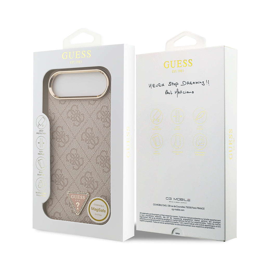 Apple iPhone 17 Air Kılıf Guess Orjinal Lisanslı M-safe Şarj Özellikli Gold Metal Kamera Çerçeveli Taşlı Üçgen Logo 4G Desenli Kapak Pembe