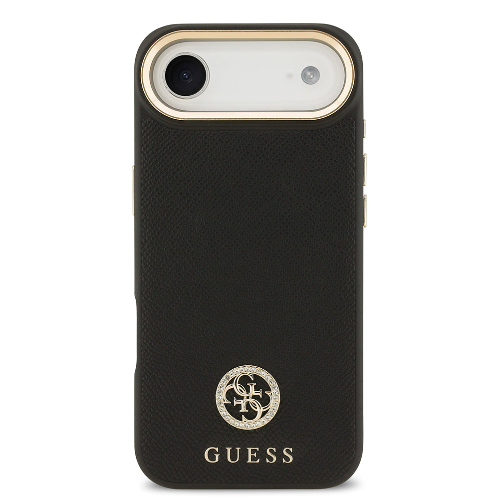 Apple iPhone 17 Air Kılıf Guess Orjinal Lisanslı M-safe Şarj Özellikli Grained Yazı ve Taşlı 4G Logolu Kapak Siyah