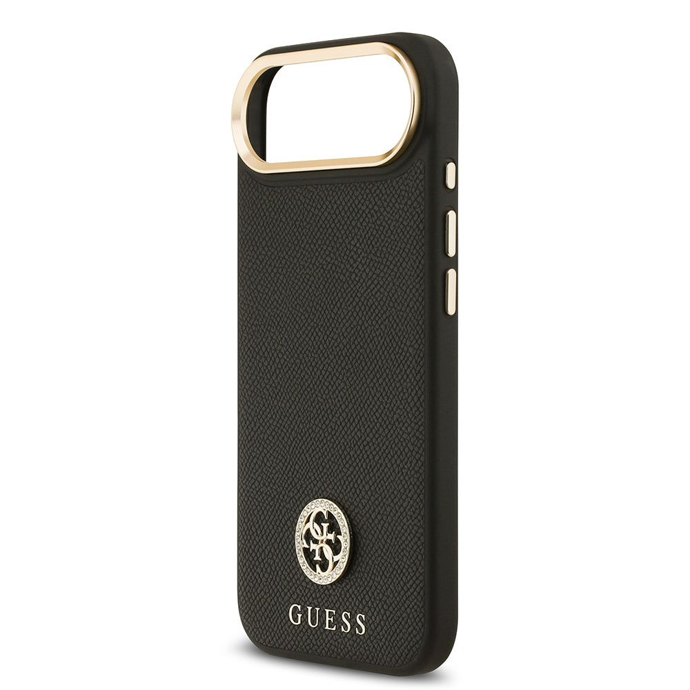 Apple iPhone 17 Air Kılıf Guess Orjinal Lisanslı M-safe Şarj Özellikli Grained Yazı ve Taşlı 4G Logolu Kapak Siyah