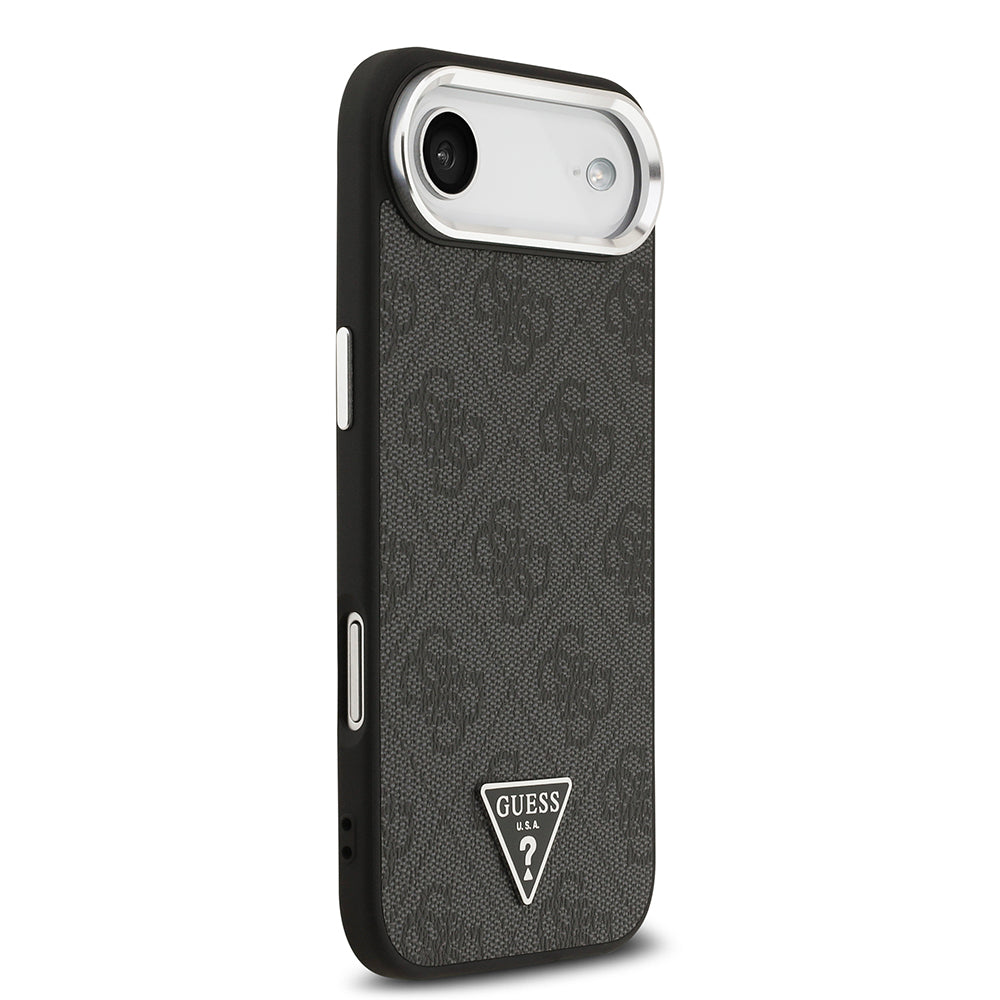 Apple iPhone 17 Air Kılıf Guess Orjinal Lisanslı M-safe Şarj Özellikli Gümüş Metal Kamera Çerçeveli Üçgen Logo 4G Desenli Kapak Siyah