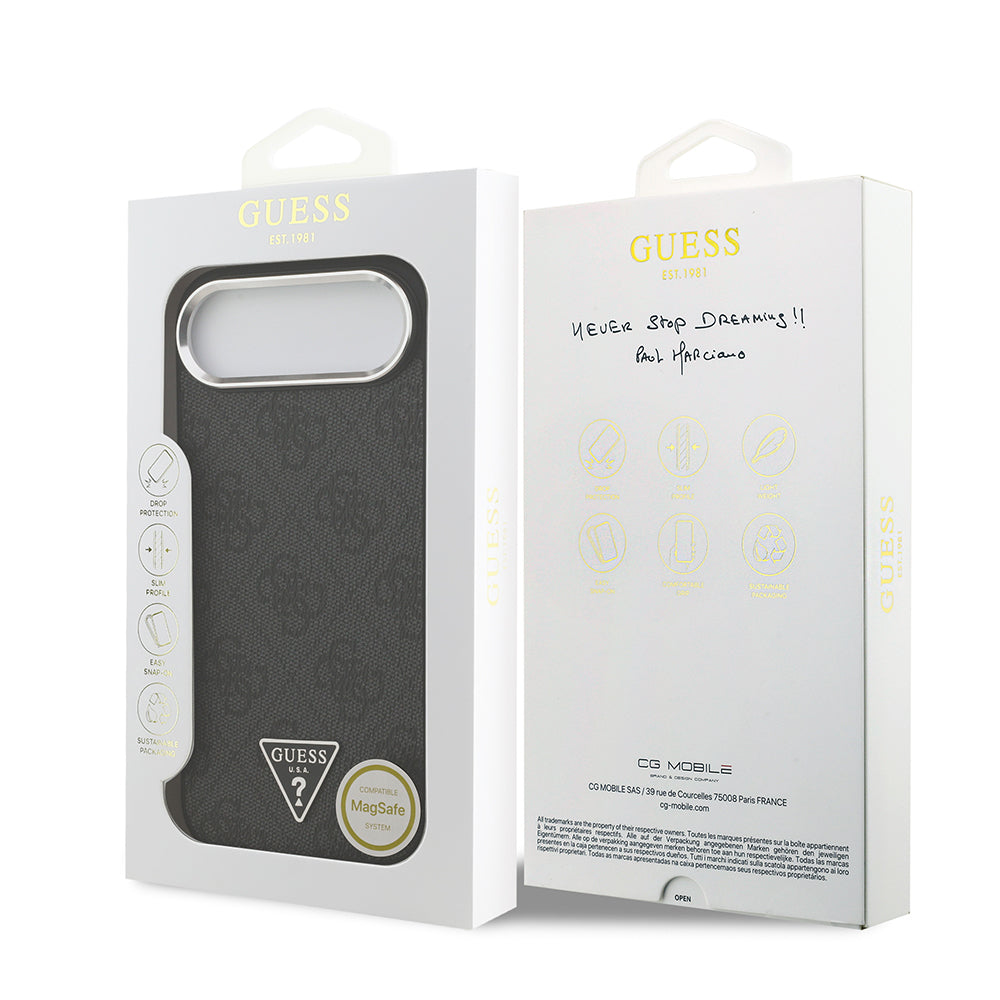 Apple iPhone 17 Air Kılıf Guess Orjinal Lisanslı M-safe Şarj Özellikli Gümüş Metal Kamera Çerçeveli Üçgen Logo 4G Desenli Kapak Siyah