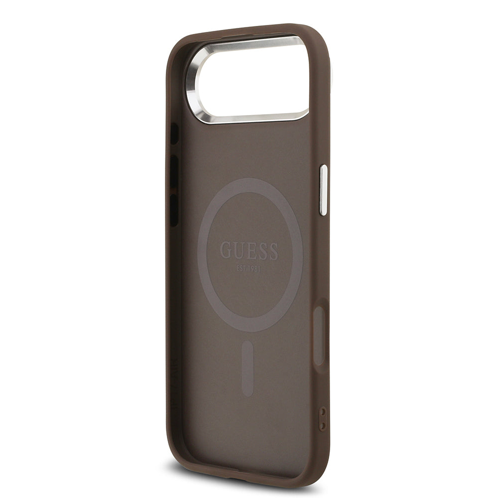 Apple iPhone 17 Air Kılıf Guess Orjinal Lisanslı M-safe Şarj Özellikli Gümüş Metal Kamera Çerçeveli Üçgen Logo 4G Desenli Kapak Kahverengi