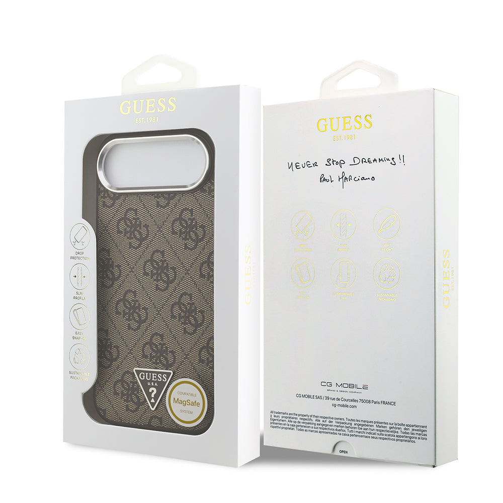Apple iPhone 17 Air Kılıf Guess Orjinal Lisanslı M-safe Şarj Özellikli Gümüş Metal Kamera Çerçeveli Üçgen Logo 4G Desenli Kapak Kahverengi