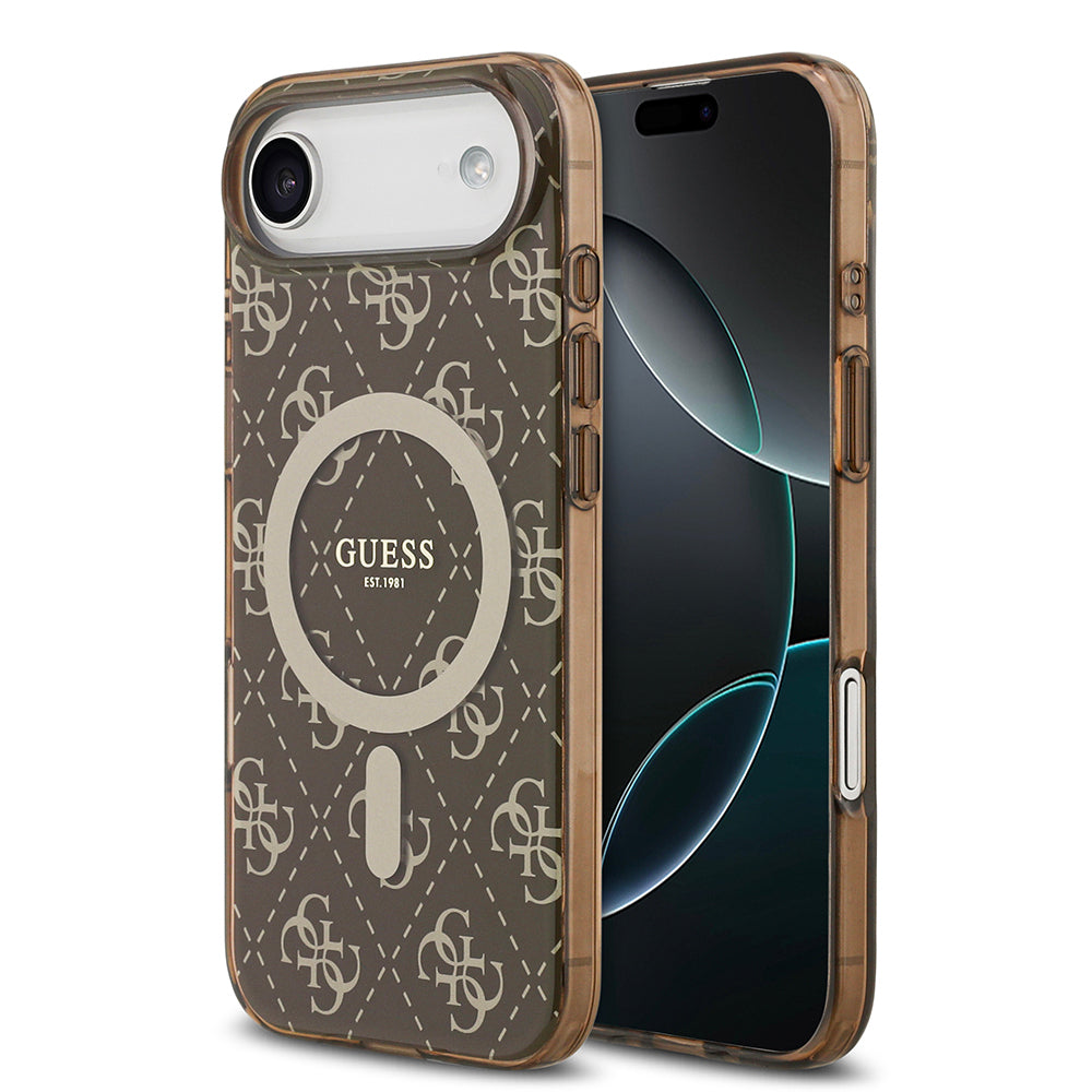 Apple iPhone 17 Air Kılıf Guess Orjinal Lisanslı M-safe Şarj Özellikli IML Baskılı Klasik Logolu 4G Desenli Kapak Kahverengi