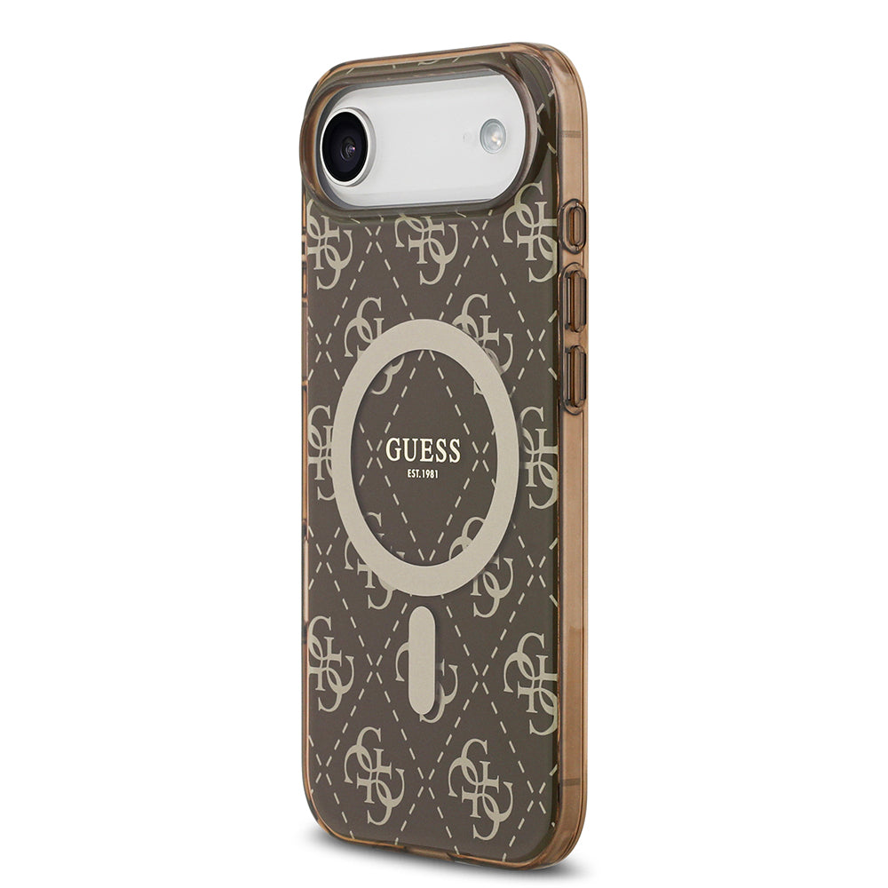 Apple iPhone 17 Air Kılıf Guess Orjinal Lisanslı M-safe Şarj Özellikli IML Baskılı Klasik Logolu 4G Desenli Kapak Kahverengi