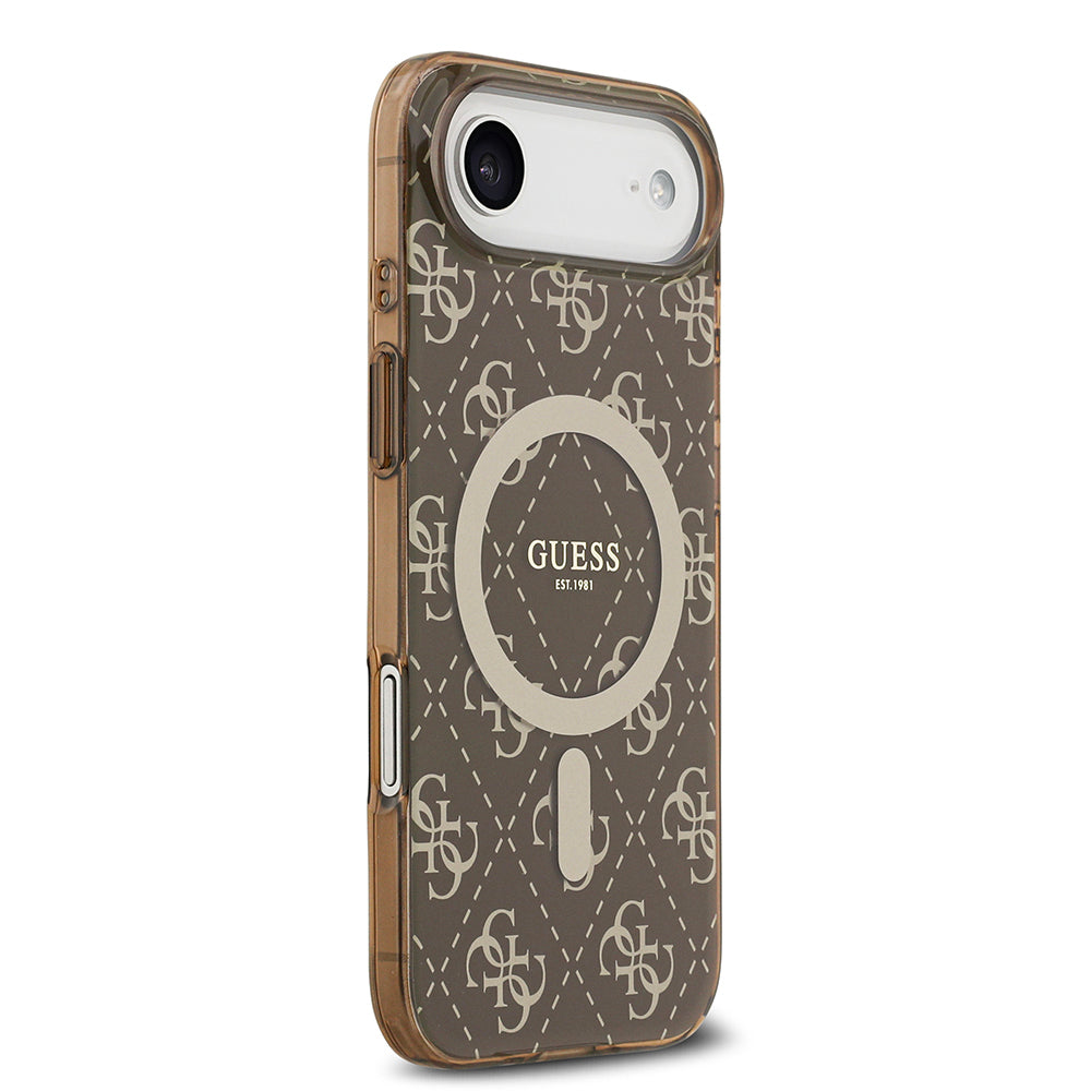 Apple iPhone 17 Air Kılıf Guess Orjinal Lisanslı M-safe Şarj Özellikli IML Baskılı Klasik Logolu 4G Desenli Kapak Kahverengi