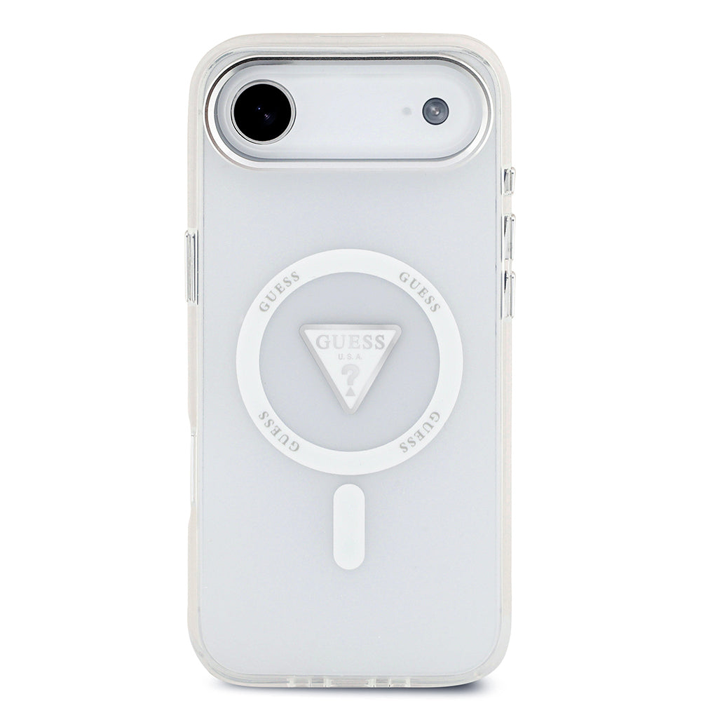 Apple iPhone 17 Air Kılıf Guess Orjinal Lisanslı M-safe Şarj Özellikli IML Baskılı Üçgen Logolu Metal Kamera Çerçeveli Kapak Şeffaf