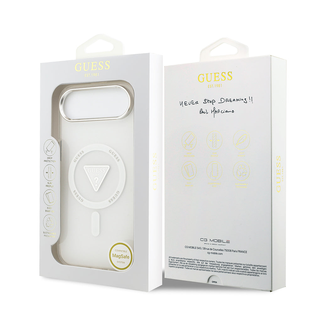 Apple iPhone 17 Air Kılıf Guess Orjinal Lisanslı M-safe Şarj Özellikli IML Baskılı Üçgen Logolu Metal Kamera Çerçeveli Kapak Şeffaf