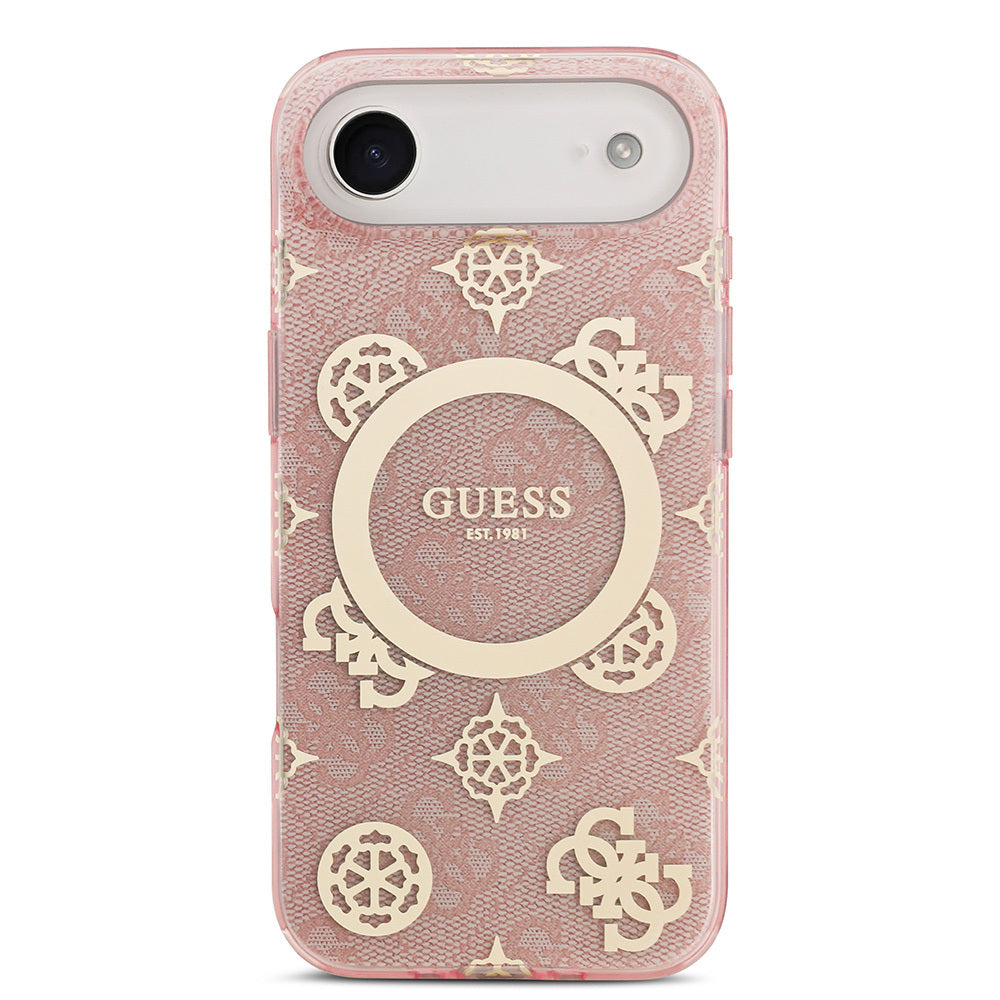 Apple iPhone 17 Air Kılıf Guess Orjinal Lisanslı M-safe Şarj Özellikli IML Peony ve 4G Desenli Klasik Logolu Kapak Pembe
