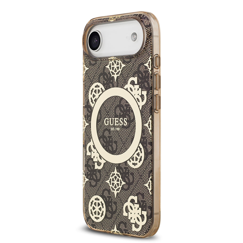 Apple iPhone 17 Air Kılıf Guess Orjinal Lisanslı M-safe Şarj Özellikli IML Peony ve 4G Desenli Klasik Logolu Kapak Kahverengi