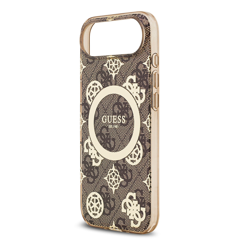 Apple iPhone 17 Air Kılıf Guess Orjinal Lisanslı M-safe Şarj Özellikli IML Peony ve 4G Desenli Klasik Logolu Kapak Kahverengi