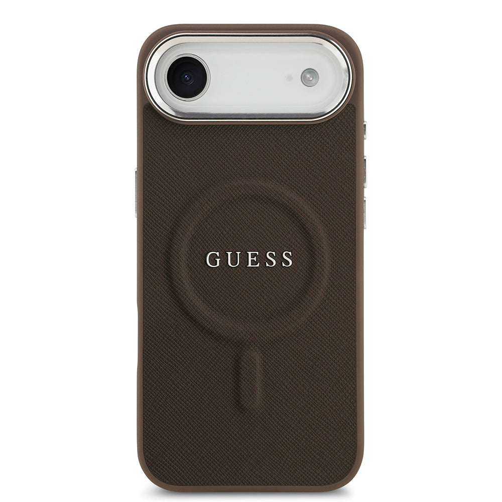Apple iPhone 17 Air Kılıf Guess Orjinal Lisanslı M-safe Şarj Özellikli Klasik Yazı Logolu PU Deri Kapak Kahverengi