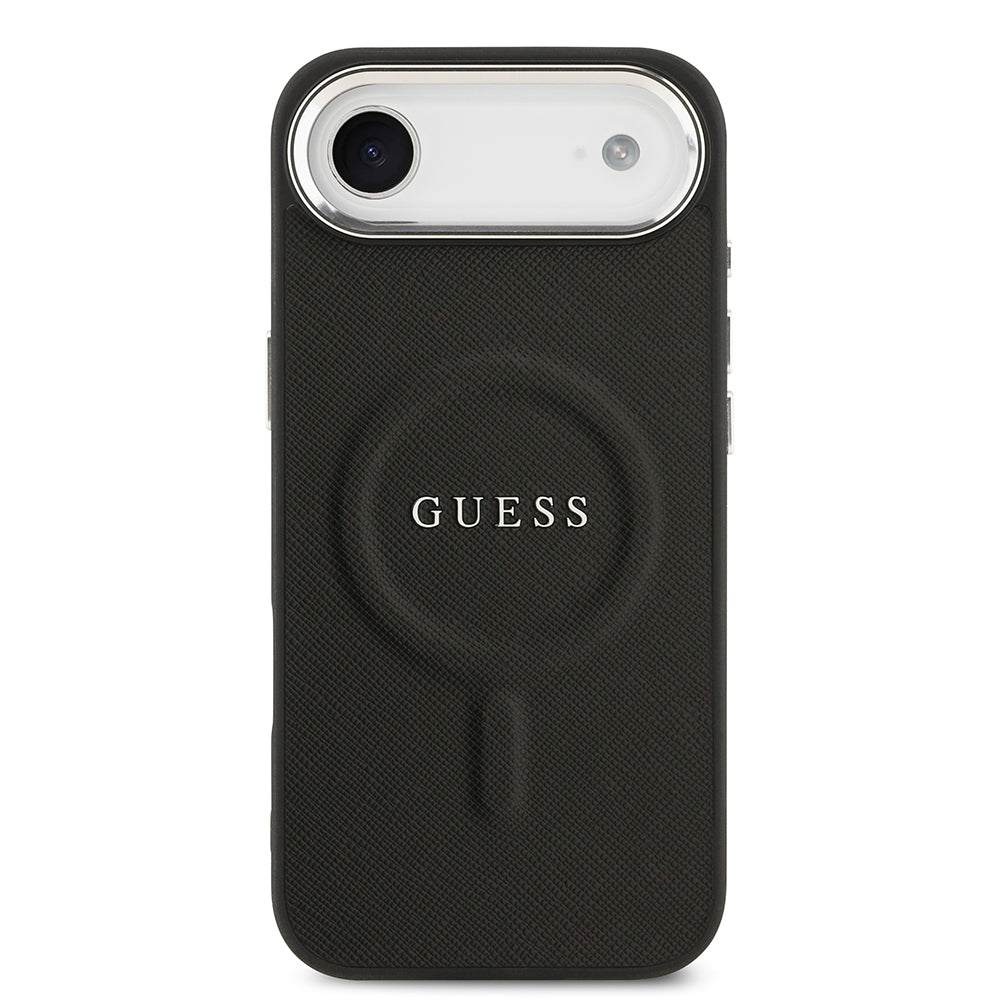 Apple iPhone 17 Air Kılıf Guess Orjinal Lisanslı M-safe Şarj Özellikli Klasik Yazı Logolu PU Deri Kapak Siyah