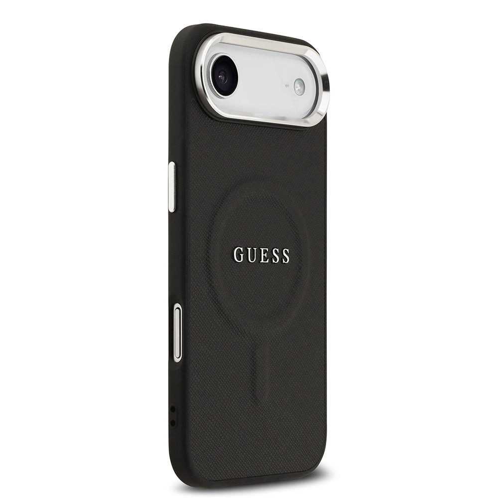 Apple iPhone 17 Air Kılıf Guess Orjinal Lisanslı M-safe Şarj Özellikli Klasik Yazı Logolu PU Deri Kapak Siyah