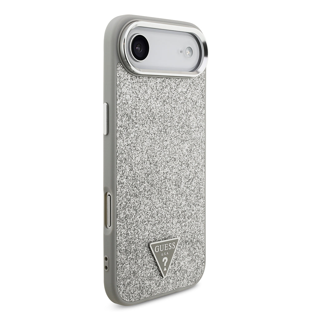Apple iPhone 17 Air Kılıf Guess Orjinal Lisanslı M-safe Şarj Özellikli Metal Kamera Çerçeveli Üçgen Logolu Glitter Kapak Gri