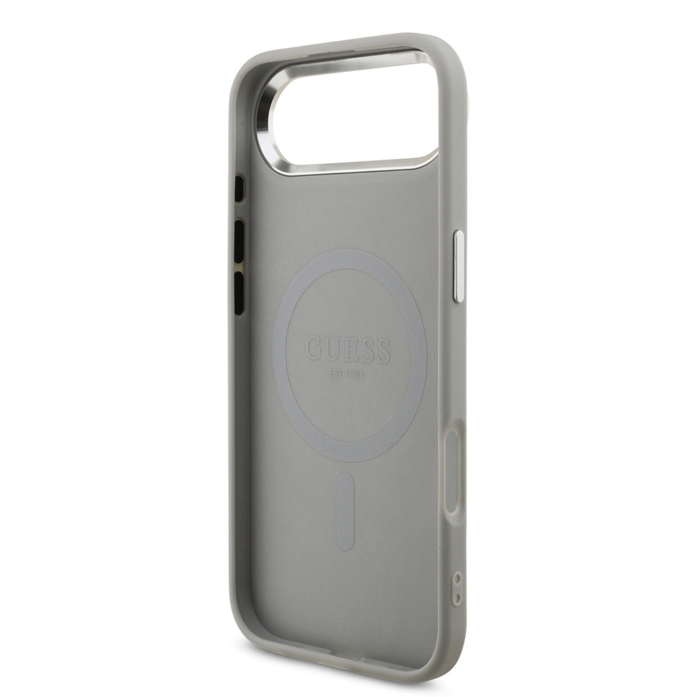 Apple iPhone 17 Air Kılıf Guess Orjinal Lisanslı M-safe Şarj Özellikli Metal Kamera Çerçeveli Üçgen Logolu Glitter Kapak Gri