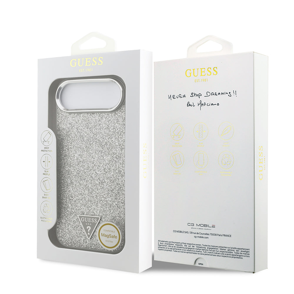Apple iPhone 17 Air Kılıf Guess Orjinal Lisanslı M-safe Şarj Özellikli Metal Kamera Çerçeveli Üçgen Logolu Glitter Kapak Gri