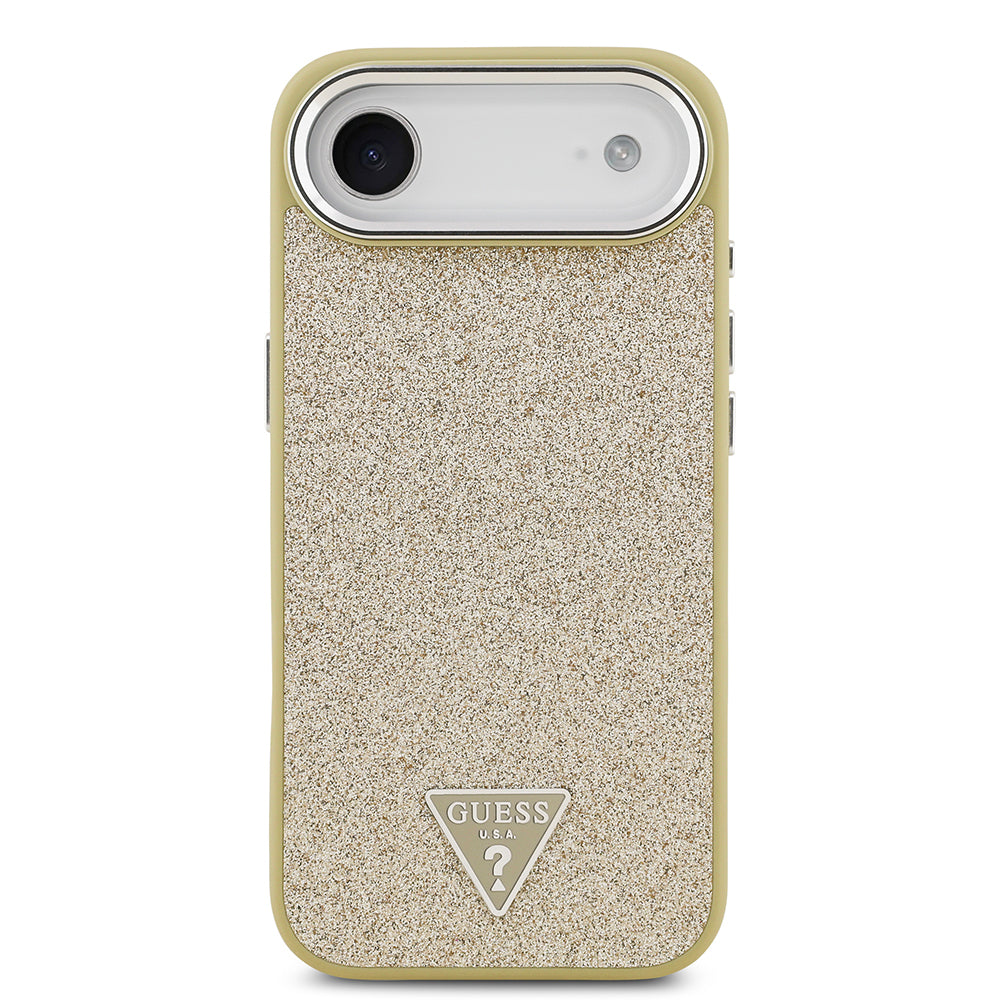 Apple iPhone 17 Air Kılıf Guess Orjinal Lisanslı M-safe Şarj Özellikli Metal Kamera Çerçeveli Üçgen Logolu Glitter Kapak Gold