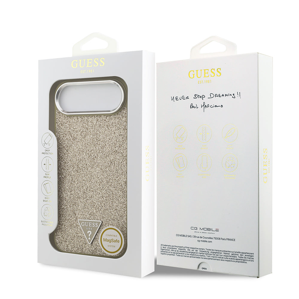 Apple iPhone 17 Air Kılıf Guess Orjinal Lisanslı M-safe Şarj Özellikli Metal Kamera Çerçeveli Üçgen Logolu Glitter Kapak Gold