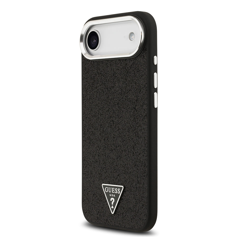 Apple iPhone 17 Air Kılıf Guess Orjinal Lisanslı M-safe Şarj Özellikli Metal Kamera Çerçeveli Üçgen Logolu Glitter Kapak Siyah