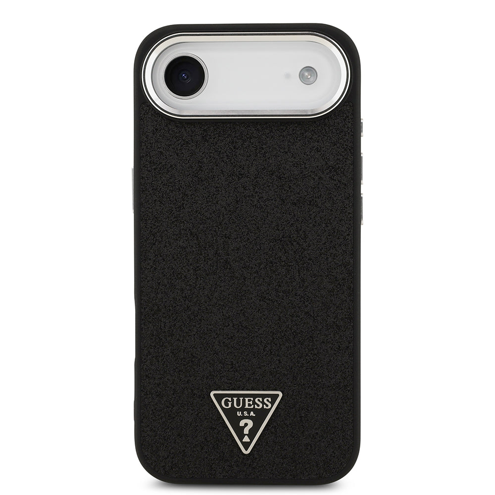 Apple iPhone 17 Air Kılıf Guess Orjinal Lisanslı M-safe Şarj Özellikli Metal Kamera Çerçeveli Üçgen Logolu Glitter Kapak Siyah