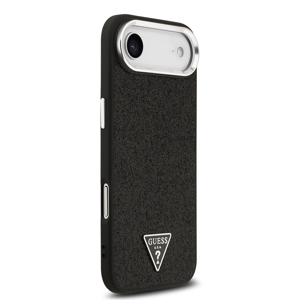 Apple iPhone 17 Air Kılıf Guess Orjinal Lisanslı M-safe Şarj Özellikli Metal Kamera Çerçeveli Üçgen Logolu Glitter Kapak Siyah