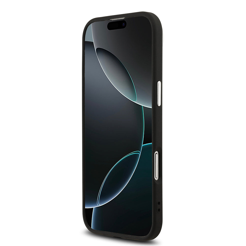 Apple iPhone 17 Air Kılıf Guess Orjinal Lisanslı M-safe Şarj Özellikli Metal Kamera Çerçeveli Üçgen Logolu Glitter Kapak Siyah