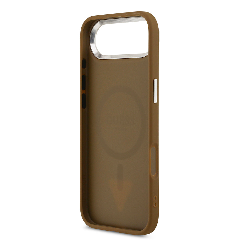 Apple iPhone 17 Air Kılıf Guess Orjinal Lisanslı M-safe Şarj Özellikli PU Deri Metal Kamera Çerçeveli Üçgen Logolu Kapak Kahverengi