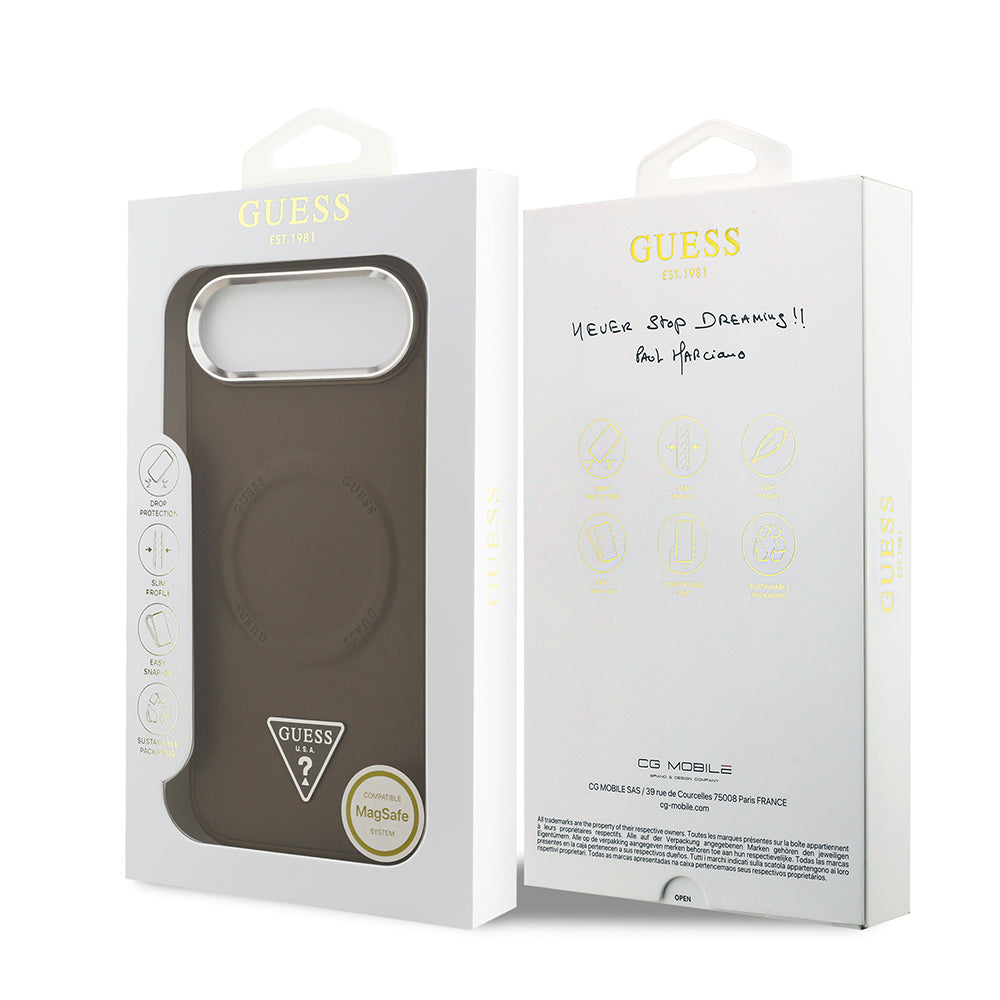 Apple iPhone 17 Air Kılıf Guess Orjinal Lisanslı M-safe Şarj Özellikli PU Deri Metal Kamera Çerçeveli Üçgen Logolu Kapak Kahverengi