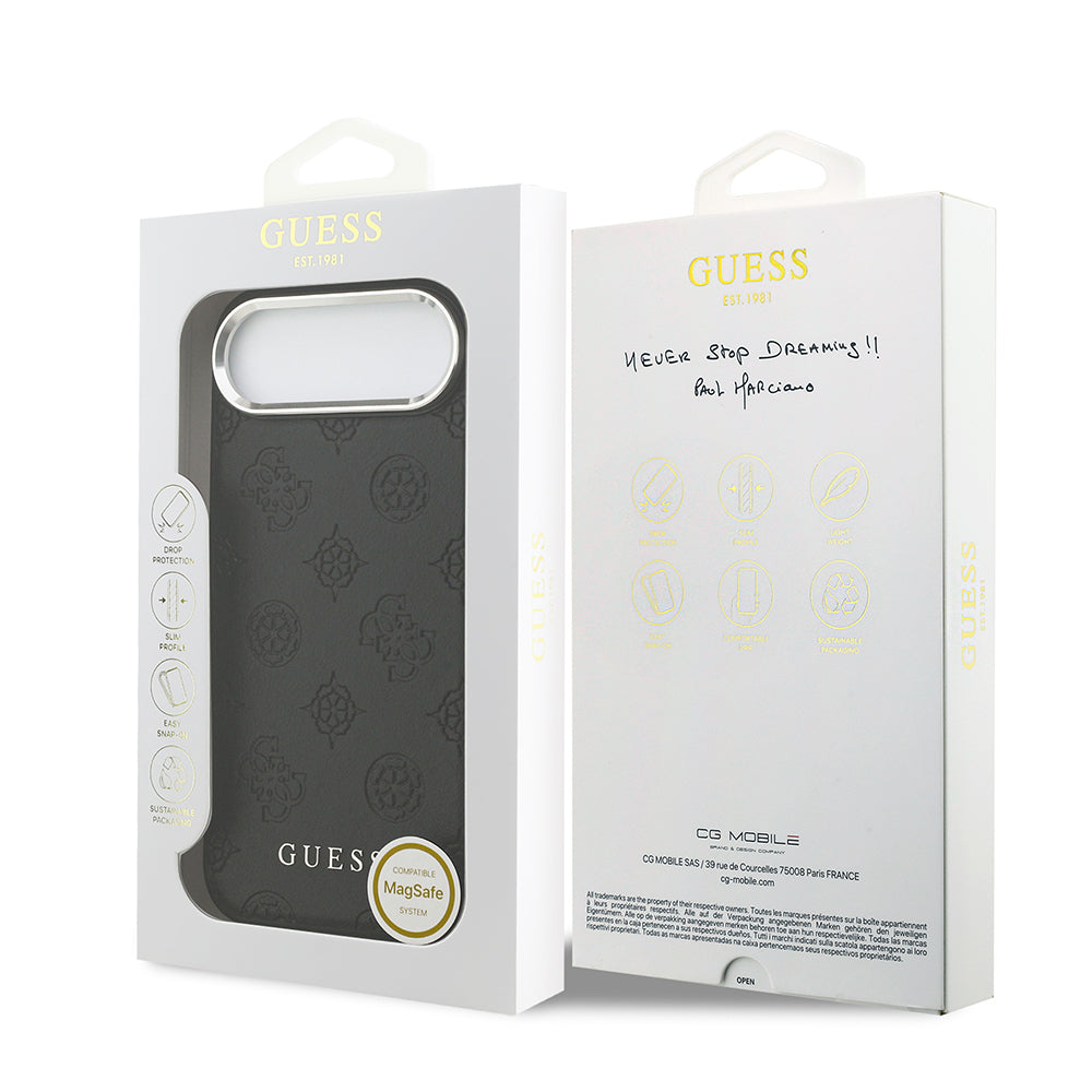 Apple iPhone 17 Air Kılıf Guess Orjinal Lisanslı M-safe Şarj Özellikli Sıcak Baskılı Klasik Yazı Logolu PU Deri Peony Kapak Siyah