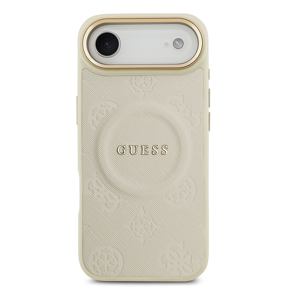 Apple iPhone 17 Air Kılıf Guess Orjinal Lisanslı M-safe Şarj Özellikli Sıcak Baskılı Yazı Logolu PU Deri Peony Kapak Bej