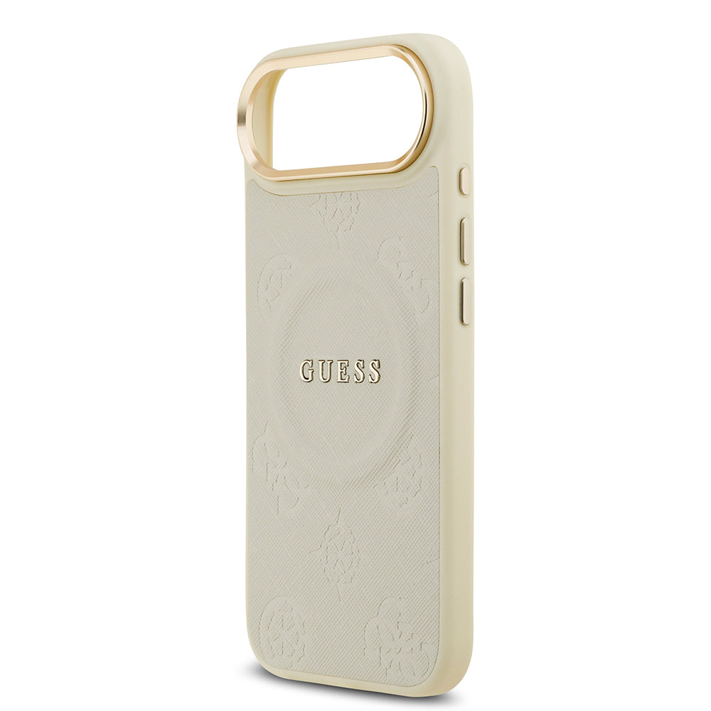 Apple iPhone 17 Air Kılıf Guess Orjinal Lisanslı M-safe Şarj Özellikli Sıcak Baskılı Yazı Logolu PU Deri Peony Kapak Bej