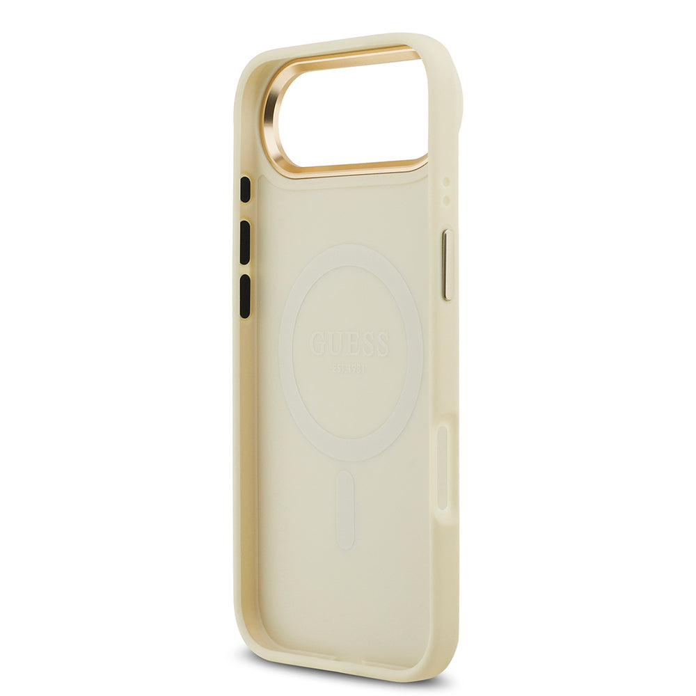 Apple iPhone 17 Air Kılıf Guess Orjinal Lisanslı M-safe Şarj Özellikli Sıcak Baskılı Yazı Logolu PU Deri Peony Kapak Bej