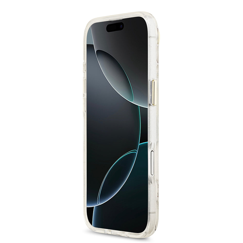 Apple iPhone 17 Air Kılıf Guess Orjinal Lisanslı M-safe Şarj Özellikli Simli Çiçek Desenli Metal Kamera Çerçeveli Üçgen Logolu Kapak Beyaz